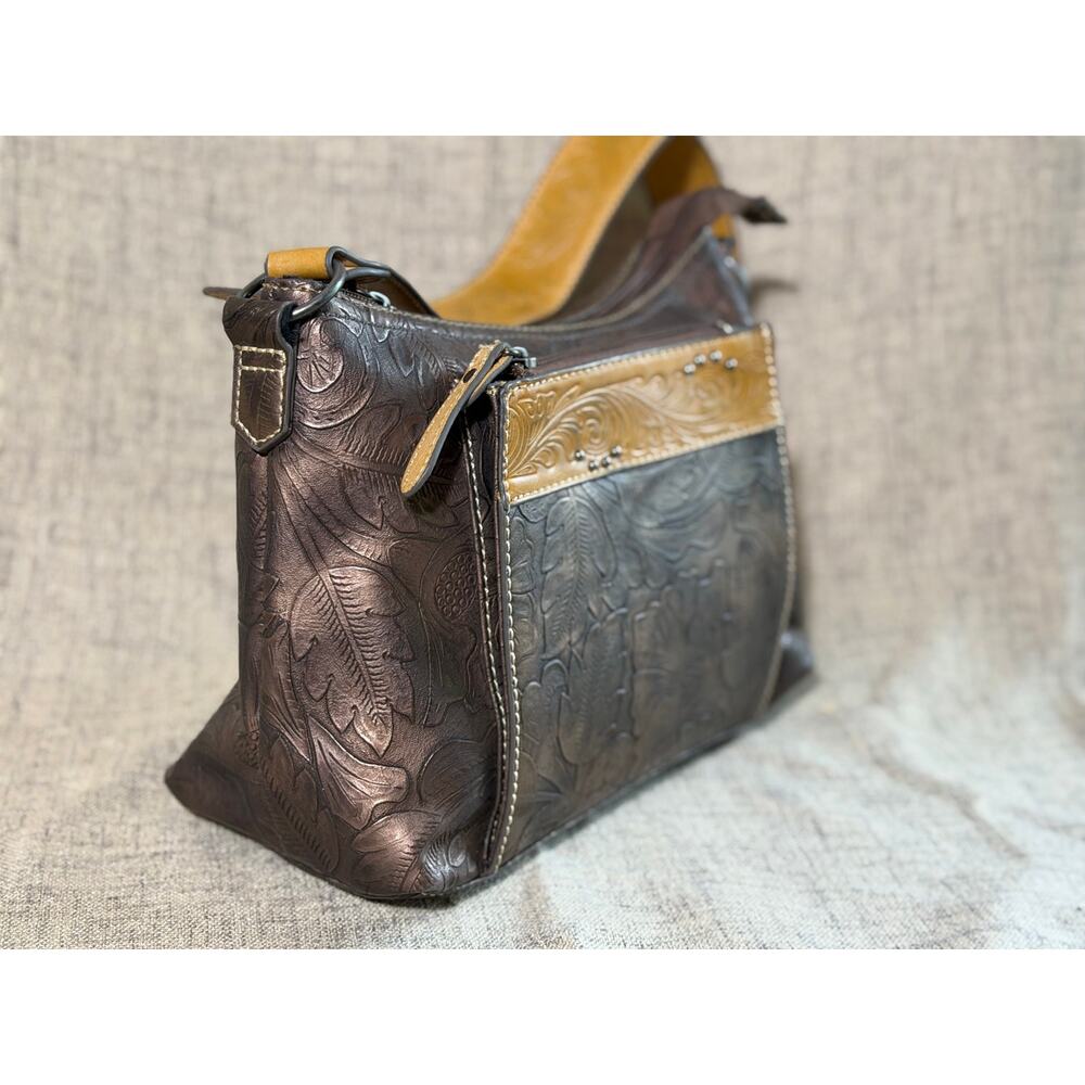 Tony Lama Brown Embossed Floral Crossbody Bag Western Tooled Shoulder Purse - Picture 4 of 14